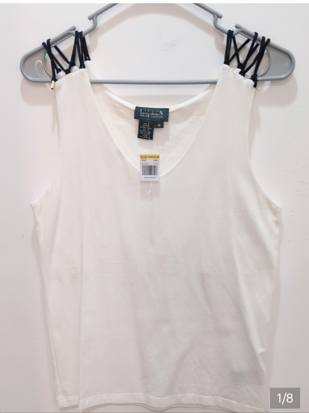 Ralph Lauren White V-Neck Tank with Black Braided Shoulder Straps nwt M